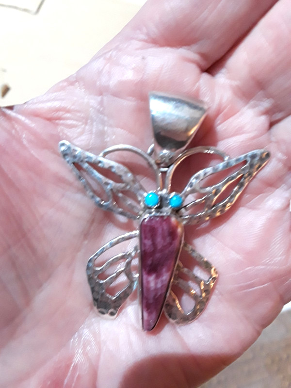 NAVAJO Indian BUTTERFLY Pendant Purple Spiny Oyster + Turquoise Eyes Sterling 2"