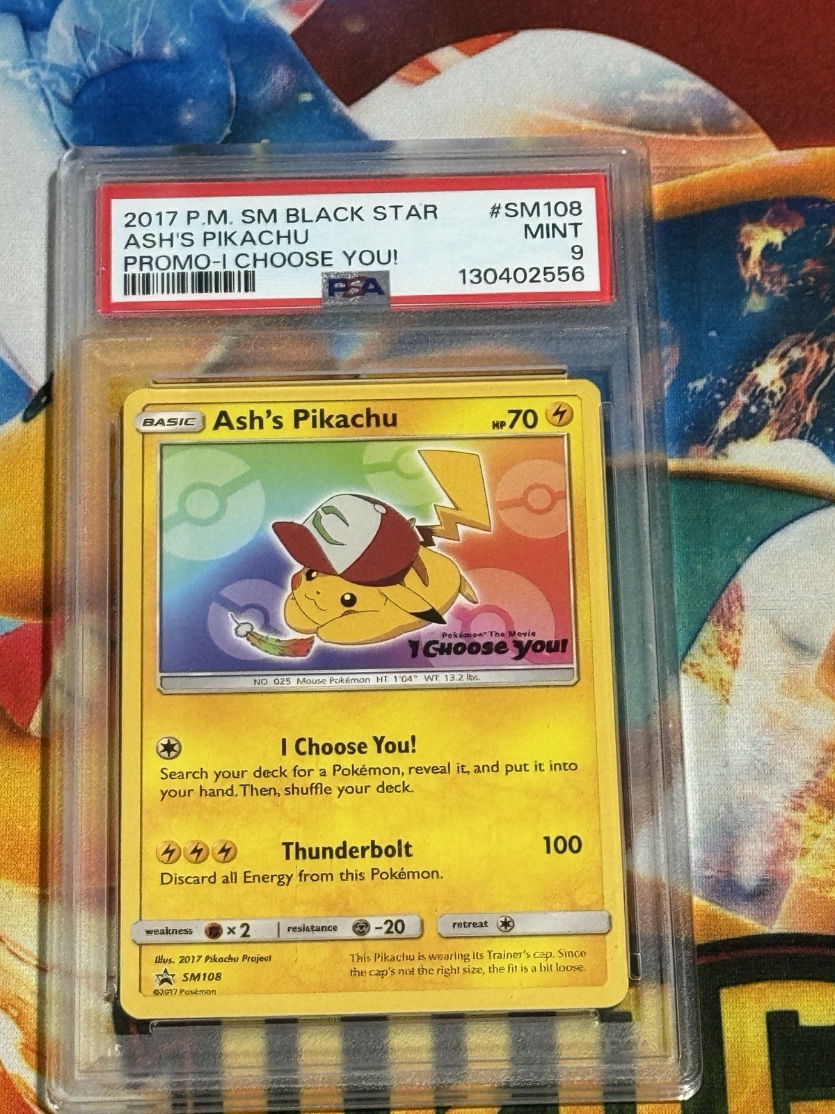 Ash's Pikachu SM108 PSA 9 POKEMON I CHOOSE YOU PIKACHU BLACK STAR PROMO
