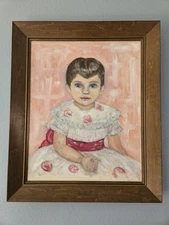 Vintage Oil Painting On Canvas Portrait Of Young Girl Primitive Folk Art