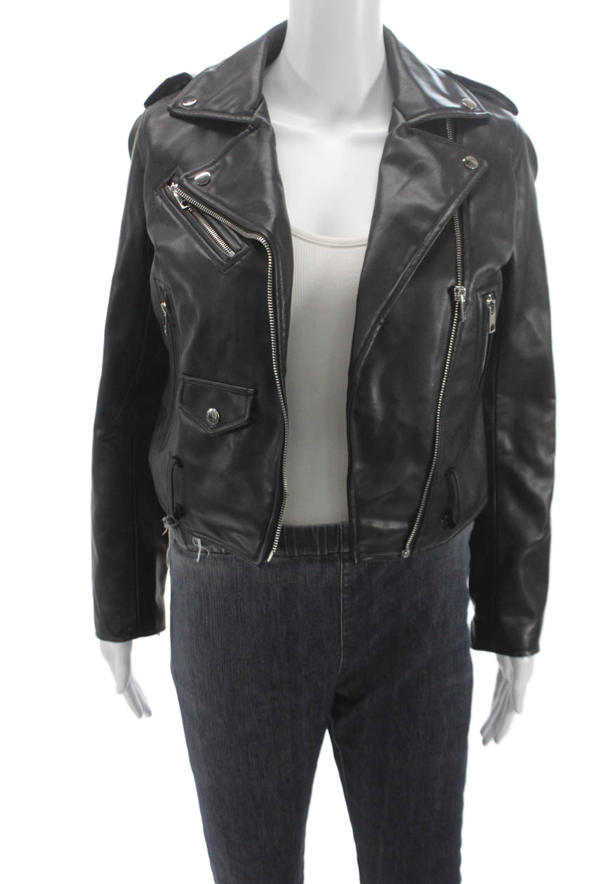 Zara Women Biker Jacket Faux Leather Black Zip Long Sleeve Size XSFree Shipping in US $100+ Orders | $6.95 Orders Below