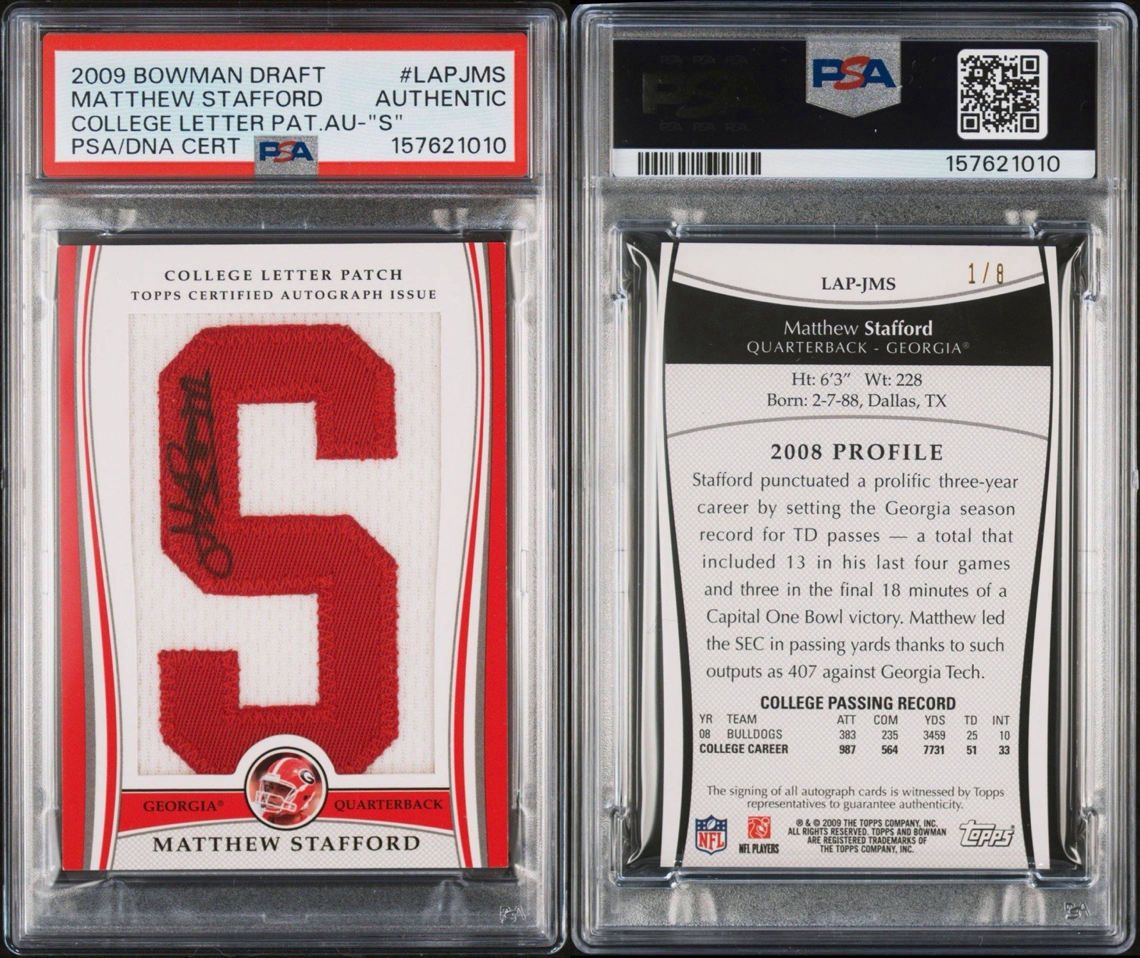 2009 Matthew Stafford RC 1/8 Auto Alpha College Letter - PSA Authentic - Georgia view 3