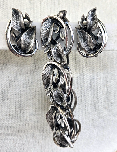 Set orecchini vintage pannello link foglie vite tono argento bracciale 7-5/8" e clip - Foto 5 di 9