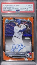2025 Topps Chrome Bowman JoJo Parker 1st Orange Wave Auto /25 Blue Jays PSA 9