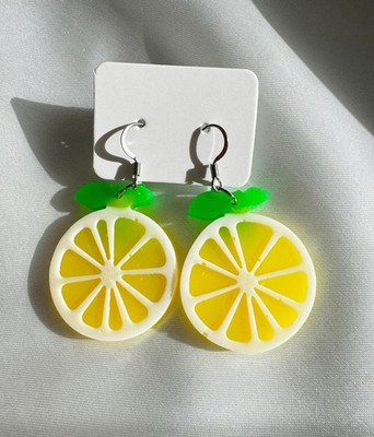 Handmade Resin Lemon Slice Dangle Earrings Cute Summer Fruit