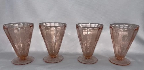 Set of 4 Pink Depression Glass Footed Tumblers 4 1/2” Poinsettia Jeannette Glass