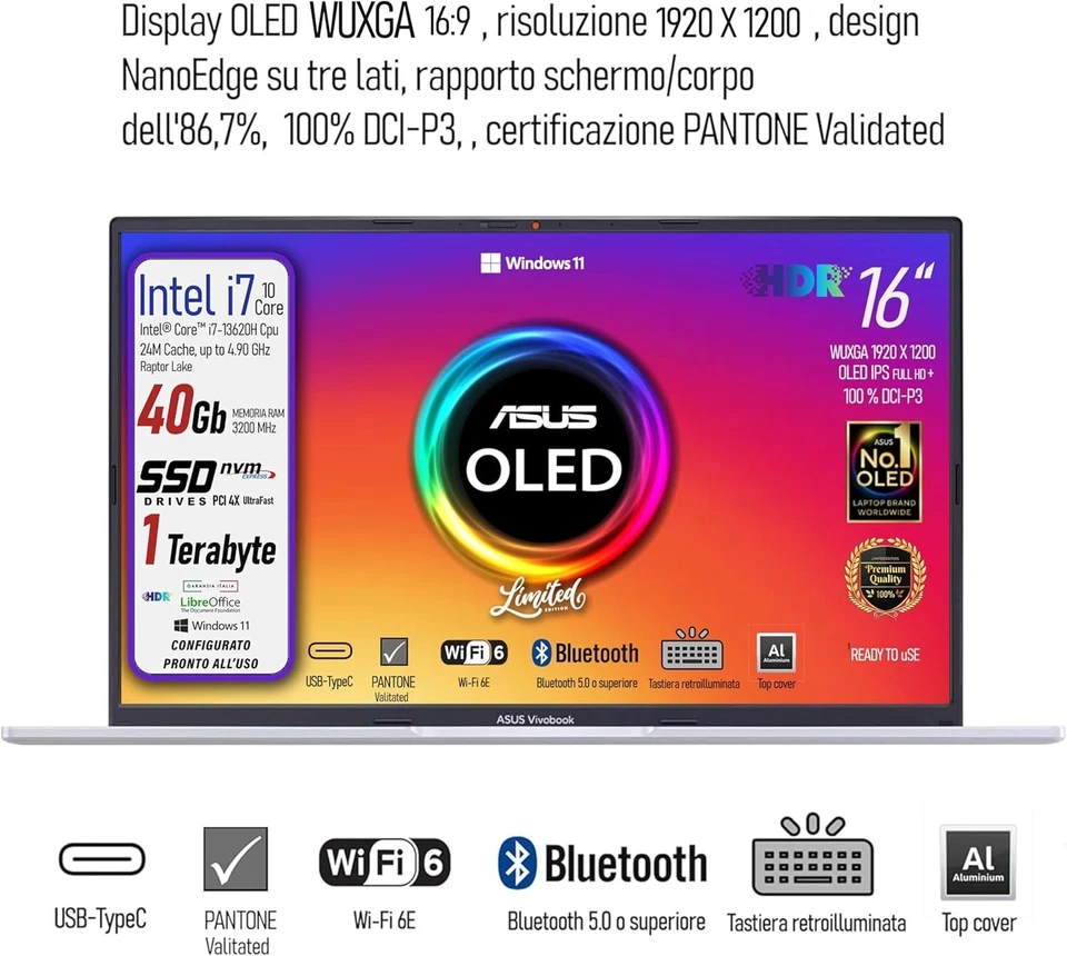 ASUS Vivobook Intel i7 13620H SSD 1TB RAM 40GB 16" OLED Retro Pantone Win11 - Immagine 2 di 4