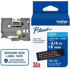 Genuine Brother TZe-344 Gold on Black 18mm 3/4" P-Touch Label Tape