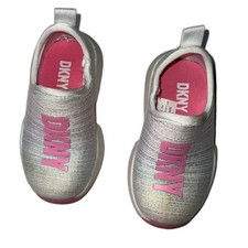 DKNY Girls Stretch Slip On Sneakers pink and white rainbow, glitter