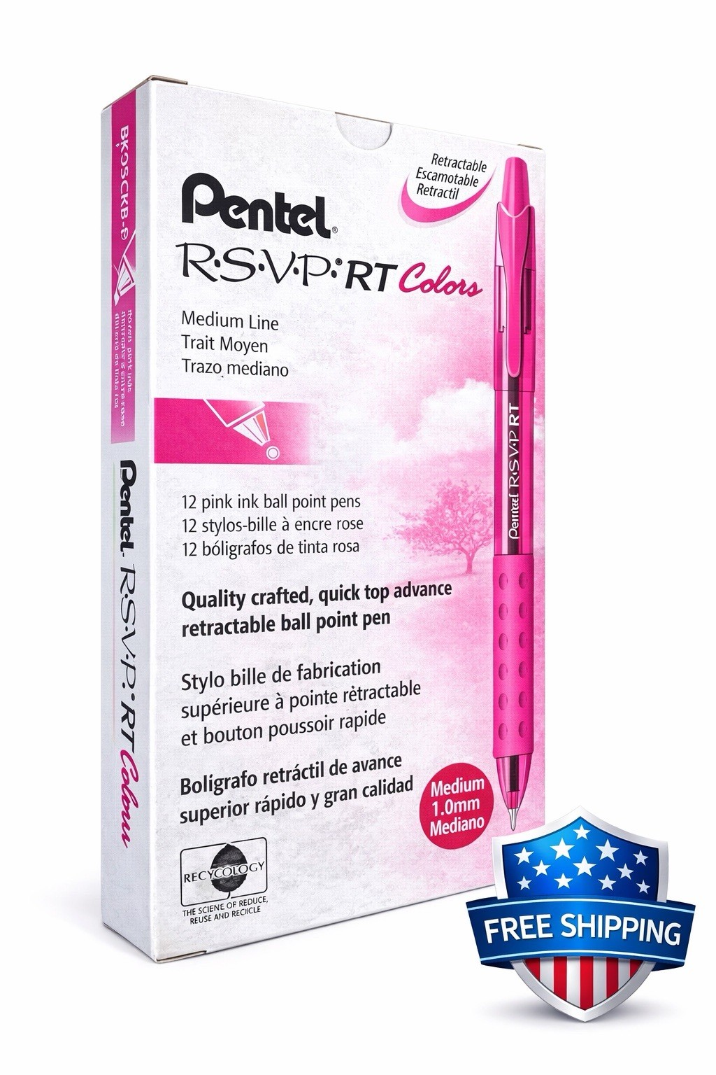 Pentel RSVP RT Colors Pink Ink 1.0mm Medium 12 Pack Retracta