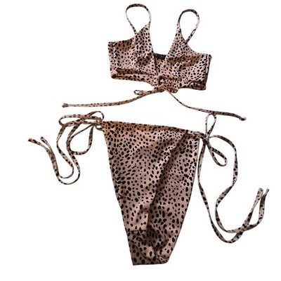Nasty Gal 2pc Dalmatian Tie Bikini Womens Sz 6 Tan Black High Leg Cutout Front