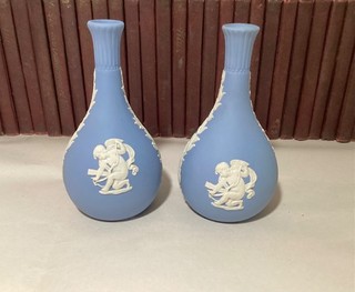 TWO Vintage Wedgwood Blue Jasperware 5.5”T Bud Vases NICE PAIR!!