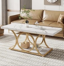 Luxury Coffee Table With Storage Shelf 120cm New + Free Delivery (White & Gold)