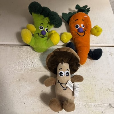 3 Vtg Veggie Friend Seedies plush mushroom, carrot, & Brocolli.