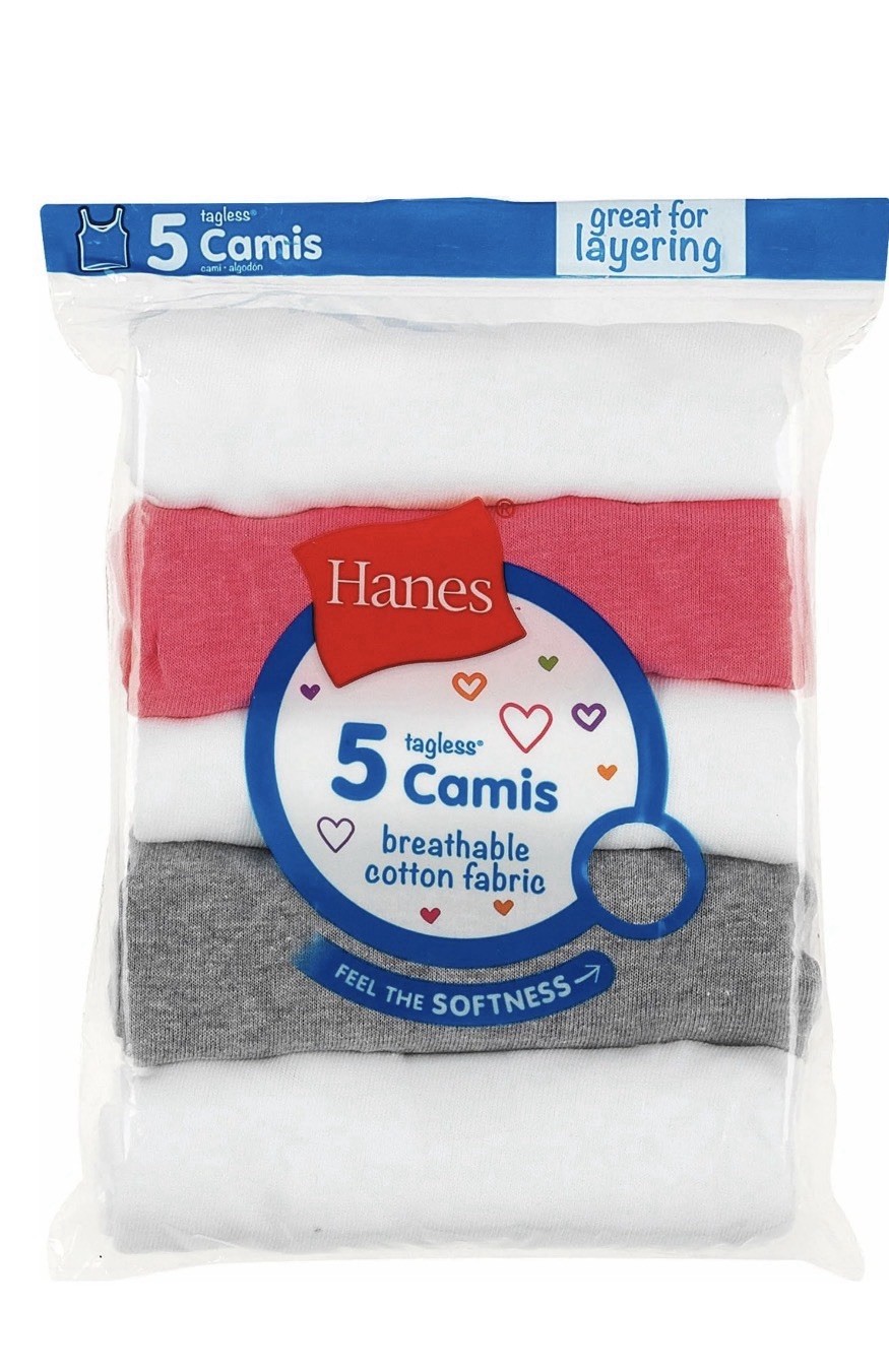 Hanes Girl’s L Large Camis Tank Tops 5-Pack White Gray Pink Tagless New Open