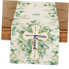  Blessed Cross Eucalyptus Table Runner, Spring 13" x 72", Table Runner Green