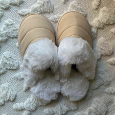 Women's Beige/White Faux Fur Slip-On Slippers Fur Trim Lined Closed Toe US 6