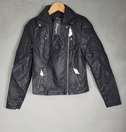 Fahsyee Mujer Imitación Cuero Chaqueta Cremallera Motocicleta Corta PU Moto Motociclista Pequeña - Imagen 2 de 8