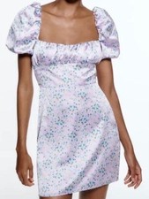 Zara Floral Puff Sleeve Open Back Satin Mini Dress Lavender Medium