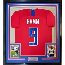 Framed Autographed/Signed Mia Hamm 35x39 Red Team USA Jersey Beckett BAS COA