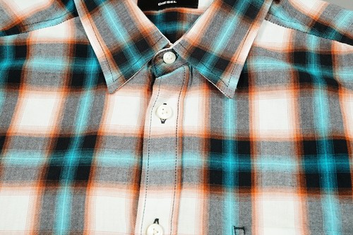 Diesel Shirt Adult Large L Blue Orange Plaid Casual Button Up Outdoor Mens - Foto 3 di 14