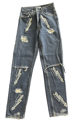 Sandro Paris Jeans, Pearl Embellished Lightening Bolt, size 34 dark