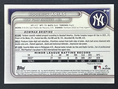 RODERICK ARIAS 2024 Bowman Paper Prospect #BP-100 New York Yankees - Picture 2 of 2