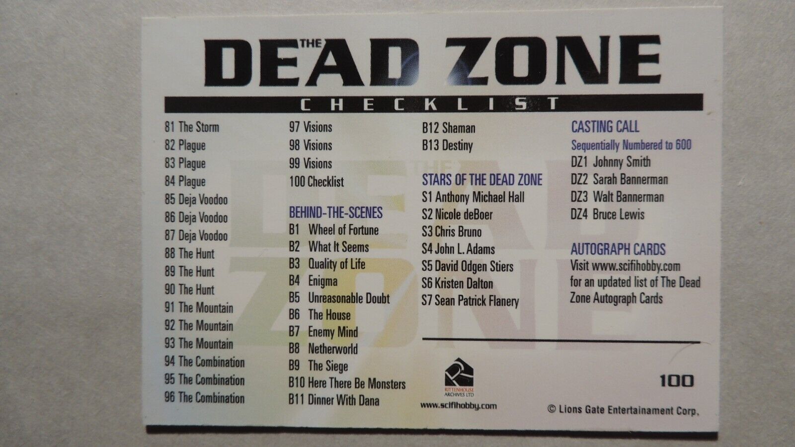 Dead Zone Seasons 1 & 2 Base Card Set 100 Cards