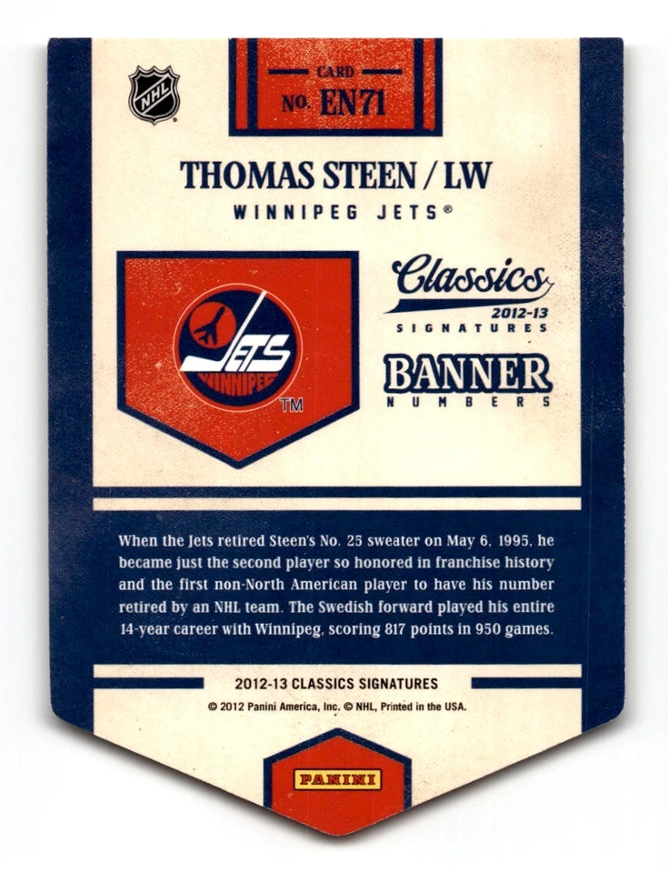 Thomas Steen 2012-13 Panini Classics Signatures Banner Numbers #EN71 Winnipeg - Image 2 of 2