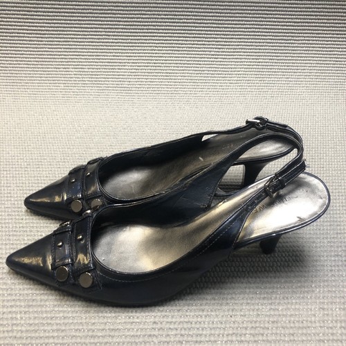 NINE WEST Patent Metallic Navy Blue Pointed Toe Pumps Heels NWPERNIE 9.5 AA