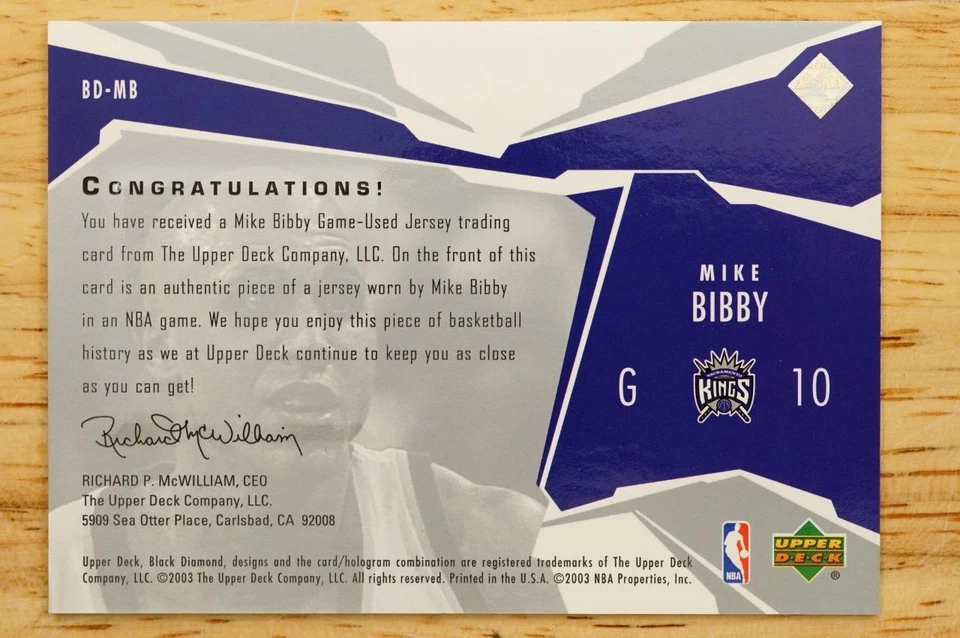 Mike Bibby 2003 UD Black Diamond Jersey Relic Patch BD-MB Kings Basketball Card - Image 2 of 2