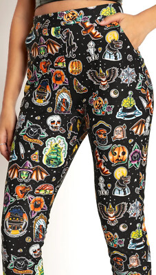 Blackmilk  TATTOWEEN BLACK CUFFED PANTS  Size Medium M NWT Skull Pumpkin Bat