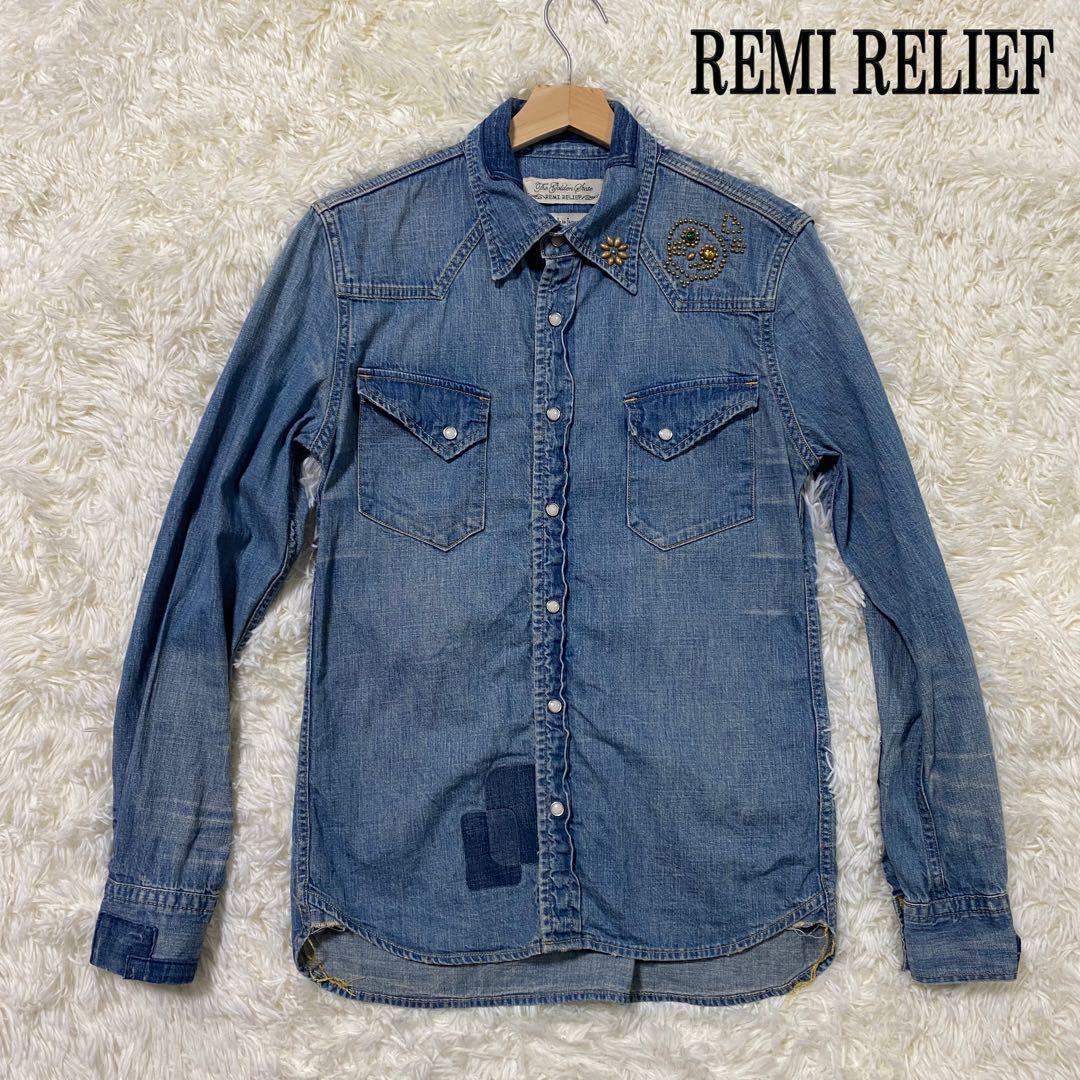 Remi Relief Skull Studs Denim Shirt M Long Sleeve Casual Top