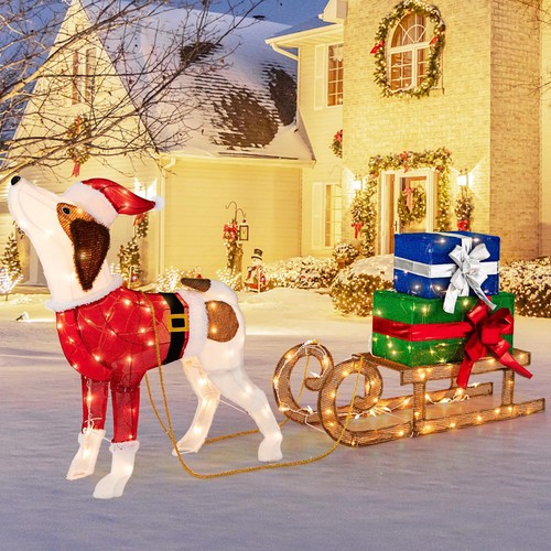 Tangkula Lighted Christmas Dog with Sleigh & Gift Boxes Combo