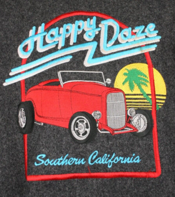 Vintage Happy Daze SoCal Embroidered Varsity Jacket Wool Gray Made in USA Sz XL