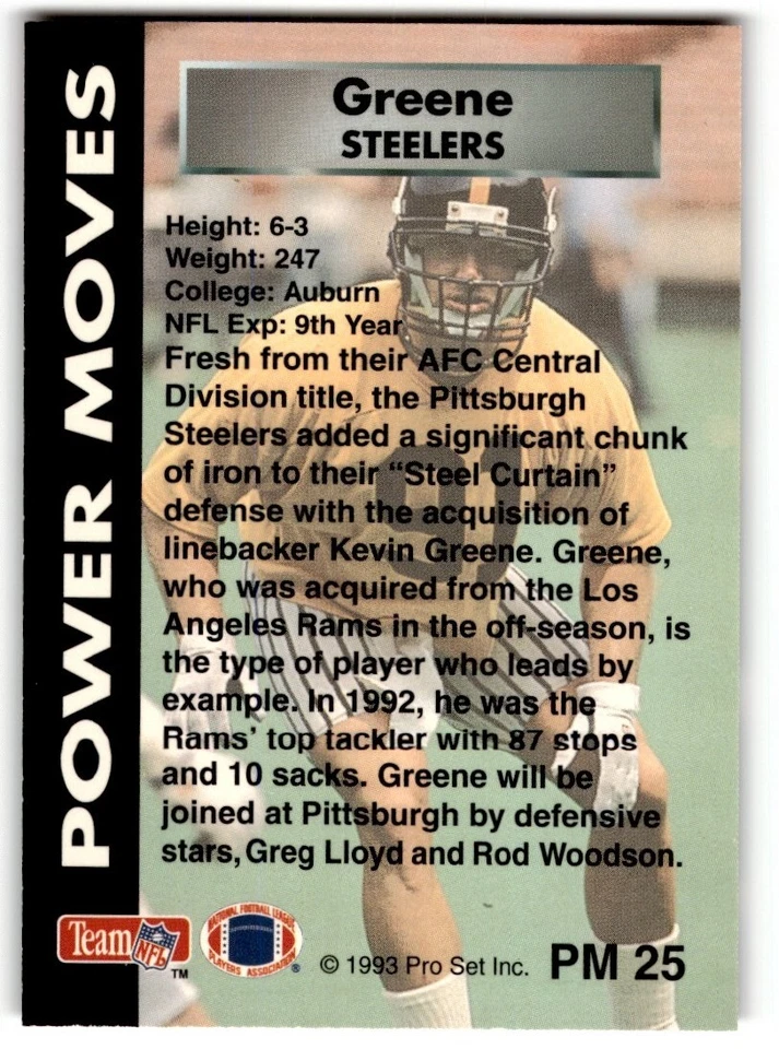1993 Pro Set Power Moves Kevin Greene #PM25 Pittsburgh Steelers - Image 2 of 2
