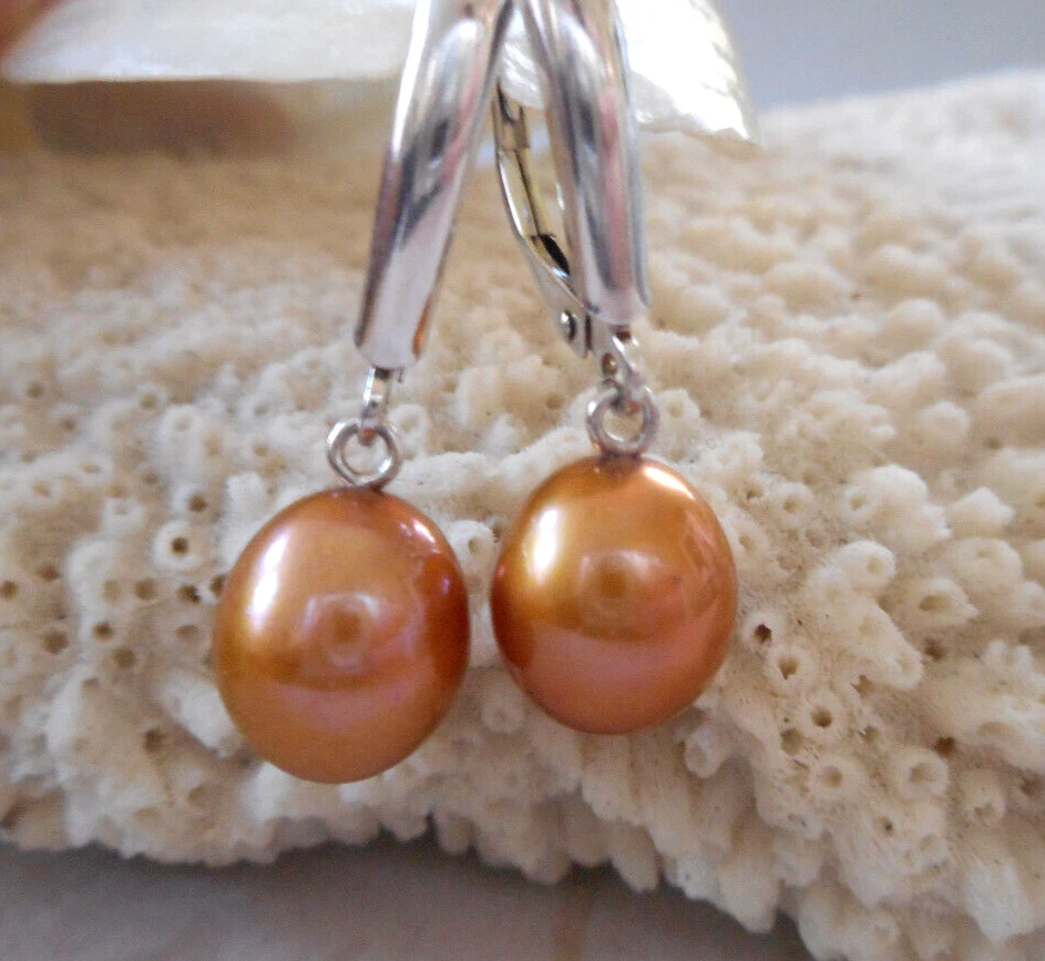 Pendientes colgantes de plata de ley de perlas marrones doradas 29-19A Foto 2 de 4