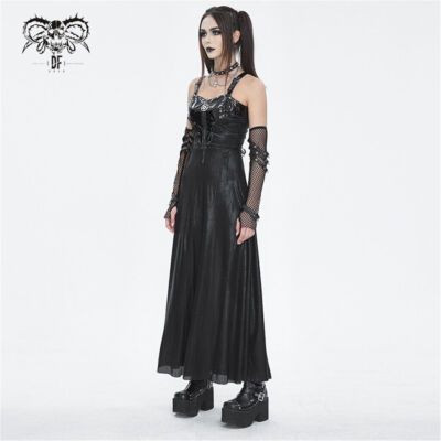 Devil Fashion Women Black Gothic Punk Leather Spliced Brief Halter Long Dress Devil Fashion Women Black Gothic Punk Leather Spliced Brief Halter Long Dress