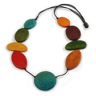 Multicoloured Round/Oval Wooden Bead Geometric Black Cord Long Necklace/ 90cm
