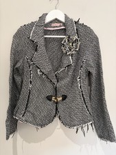 Y2K Love Etc Wool Blend Frayed Cropped Jacket UK 8&ndash;10 Black White Boho