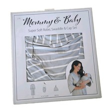 Mommy  Baby Soft Maternity Robe, Baby Swaddle  Headband Set S/M Grey Stripe