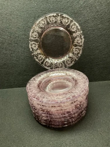 Central Glass Works Baldasare Lavender 12 Salad Plates, Floral Etched Depression