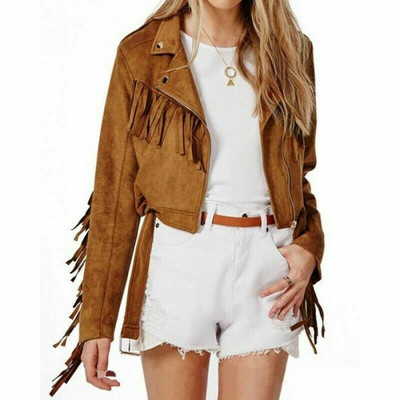 Damen Original Wildleder Leder Kurzjacke Western Style Echtleder Fransen Mantel