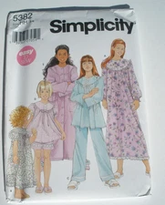Simplicity Pattern 5382 Child's Girls Nightgown Pants Top Robe Pajamas Sz 3-6