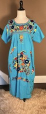Mexican Vintage Oaxacan Blue Embroidered Floral Peacock Handmade Dress M/L