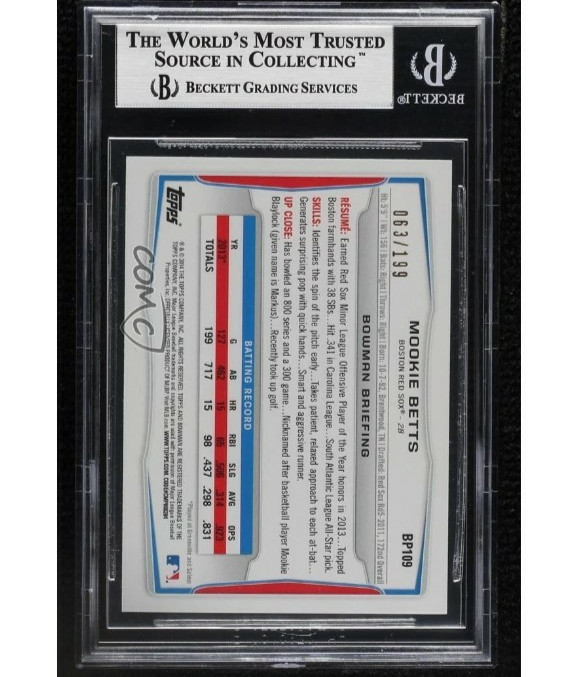 2014 Bowman 1st Prospect Rookie /199 Green Paper #BP109 Mookie Betts RC SP BGS 9 view 18