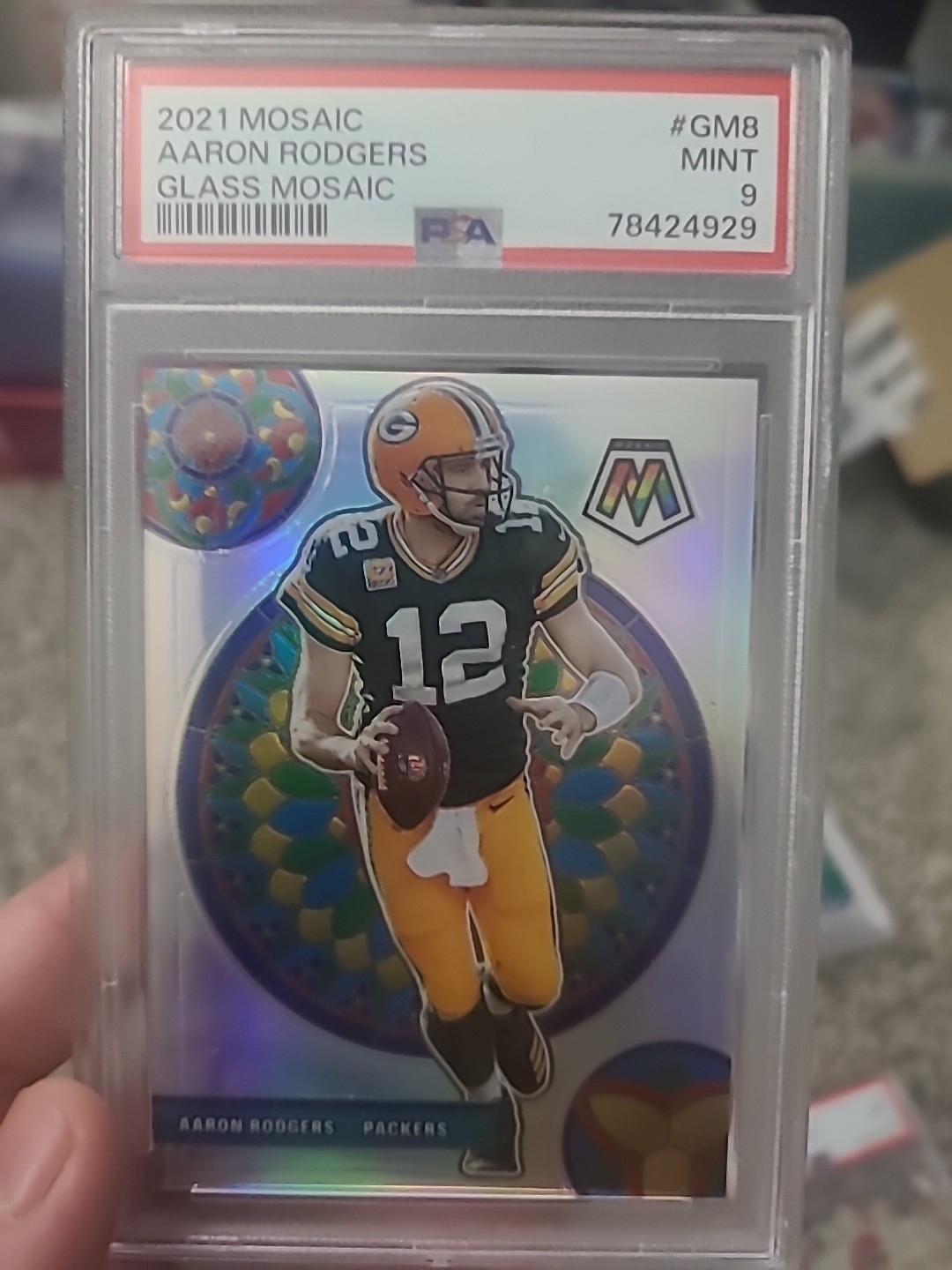 2021 Panini Mosaic Aaron Rodgers #GM-8 Glass Mosaic SP Case Hit PSA 9 Packers