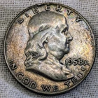 1958 D Franklin Half Dollar XF : Extra Fine, Rainbow Tone - .9 Fine Silver Coin