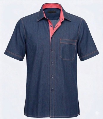 Stefano Ricci Short Sleeve Shirt Men L Blue Contrast Stitching Luxury Italy Made