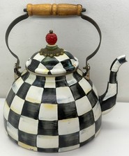 MacKenzie Childs Courtly Check Enamel 3 Qt Whistling Tea Kettle Wood Handle READ