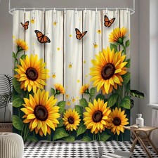 Sunflower Butterfly Rustic Board Waterproof Shower Curtain Bathroom Multiple Siz